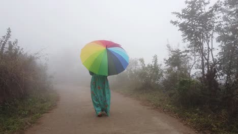 Foto-De-Gran-Angular-De-Una-Mujer-Que-Llevaba-Un-Vestido-Caminando-A-Través-De-La-Espesa-Niebla-En-Un-Bosque-Durante-La-Madrugada-Con-Un-Colorido-Paraguas