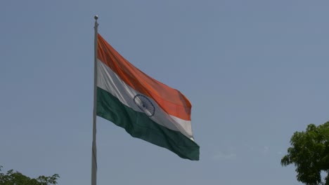 Close-up-giant-Indian-flag-fluttering-in-heavy-wind