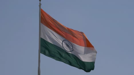 Close-up-view-of-giant-Indian-flag-fluttering-in-wind