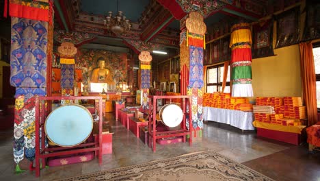 Kollegal,-Karnataka-/-India---March-24-2020:-Beautiful-wide-angle-panning-shot-of-the-inside-of-Dzongchen-monastery-during-morning-time