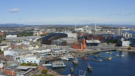 Drone-Shot-Pulling-Away-from-Waterfront-Bay-In-Cardiff-Short-Version-1-of-2