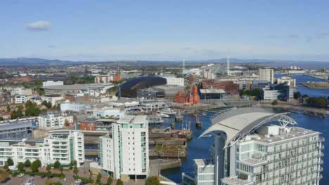 Drone-Shot-Pulling-Away-from-Waterfront-Bay-In-Cardiff-Long-Version