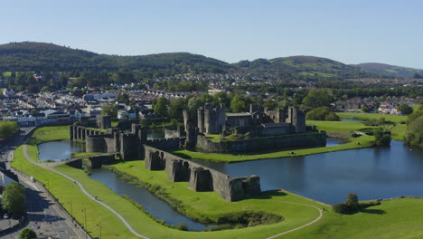 Drone-Shot-Orbiting-Caerphilly-Castle-In-Wales-Long-Version