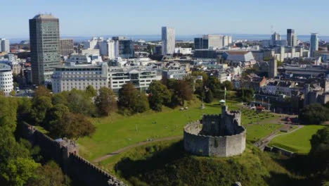 Drone-Shot-Orbiting-Cardiff-Castle-In-Wales-02