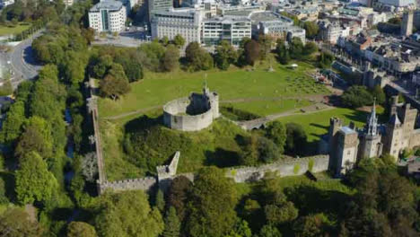 Drone-Shot-Orbiting-Around-Cardiff-Castle-In-Wales-Long-Version