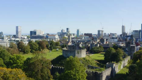 Drone-Shot-Approaching-Cardiff-Castle-In-Wales-02