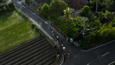 Drohnenschuss,-Der-Eine-Gruppe-Von-Reitern-An-Einer-Straßenkreuzung-Umkreist