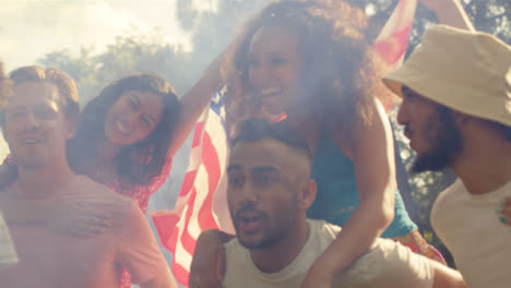 Close-Up-Shot-Orbiting-Around-a-Group-of-Young-Americans-Smiling-and-Celebrating