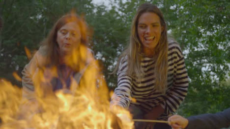 Low-Angle-Shot-of-Women-Toasting-Marshmallows-On-Campfire