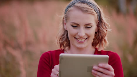 Mujer-Sonriente-Joven-Escribiendo-En-Tableta-Digital-Al-Aire-Libre-3