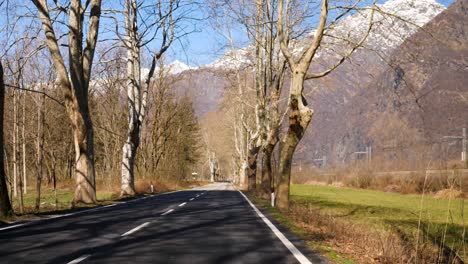 Conduciendo-Por-Una-Carretera-Arbolada-Con-Montañas