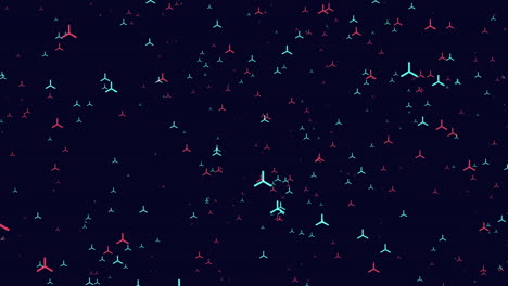 Fly-small-blue-and-red-shapes-in-dark-space