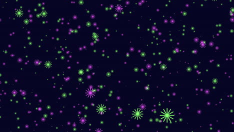 Fliegen-Sie-Grüne-Und-Violette-Schneeflocken-Im-Dunkelblauen-Himmel