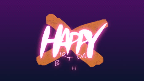 Happy-Birthday-with-orange-neon-cross-on-purple-space,-motion