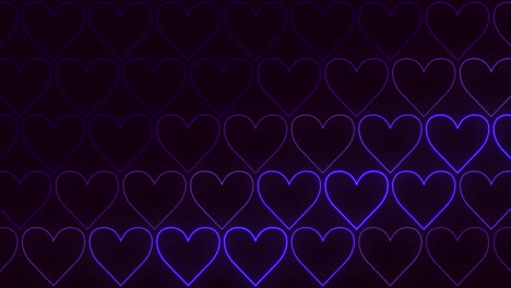 Neon-purple-hearts-pattern-on-dark-black-space
