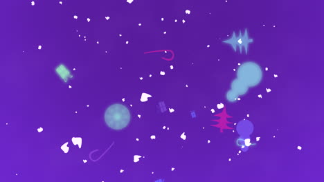 Fly-white-snowflakes-and-toys-tree-on-shiny-purple-sky