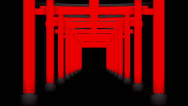 Japanische-Torii-Perspektive-3D-virtuelle-rote-Farbe-auf-schwarzem-Hintergrund,-nahtlose-Schleife-Animation-4K-mit-textfreiraum-Ebene-verschieben