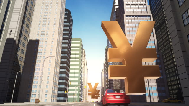 Japanische-Yen-Zeichen-In-der-Stadt---Flug-Animation-über-die-Straße