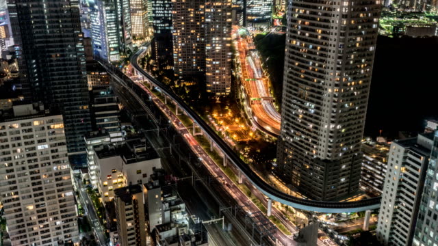 Aerial-View-of-Tokyo-Traffic-Timelapse-at-Night