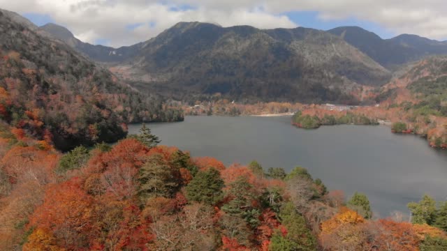 Aerial-view-of-lake-Yunoko-and-autumn-foliage,-Nikko,-Tochigi,-Japan