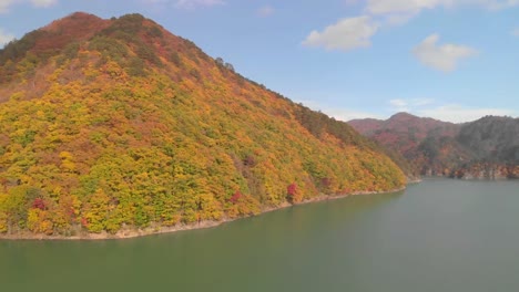 Aerial-view-of-lake-Kawamata-and-autumn-foliage,-Nikko,-Tochigi,-Japan