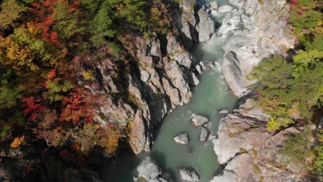 Vista-aérea-de-Ryuokyo-valle-y-otoño-follaje,-Nikko,-Tochigi,-Japón