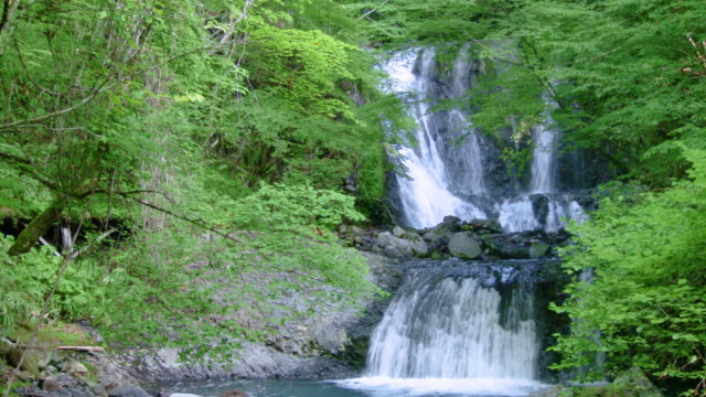 Waterfall-of-Komorebi-in-Summer,-Kiso,-Nagano,-Japan