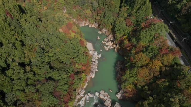 Luftbild-von-Kinugawa-Fluss-und-Herbstlaub-im-Kinugawa-Onsen-heiße-Quellen,-Nikko,-Japan