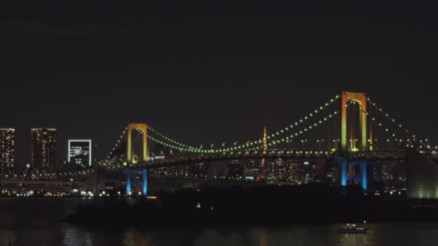 Vista-nocturna-de-Tokio,-visto-desde-la-bahía-de-Tokio---izquierda-Pan-a-derecha
