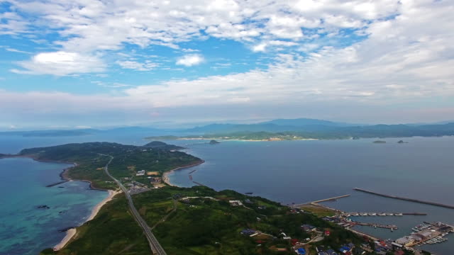 Aerial,-panning-shot-of-Tsunoshima-island