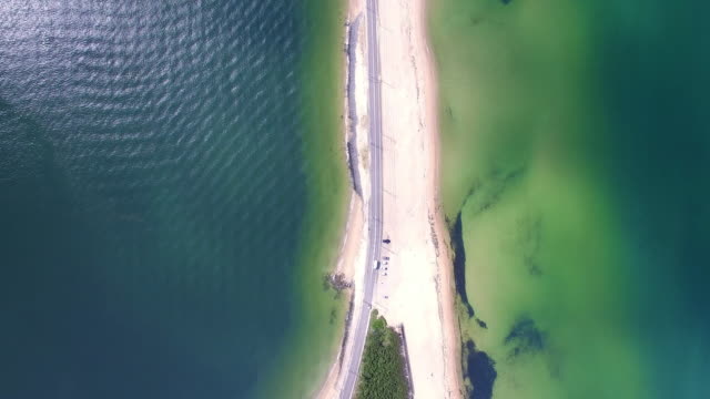 Aerial-view-of-long-road-between-sea-shore