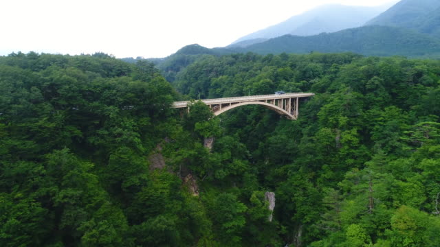 Drayne-aerial-photography-of-Naruko-Gorge-and-river-in-Osaki-city,-Miyagi-Prefecture,-Japan-in-the-summer-of-2017