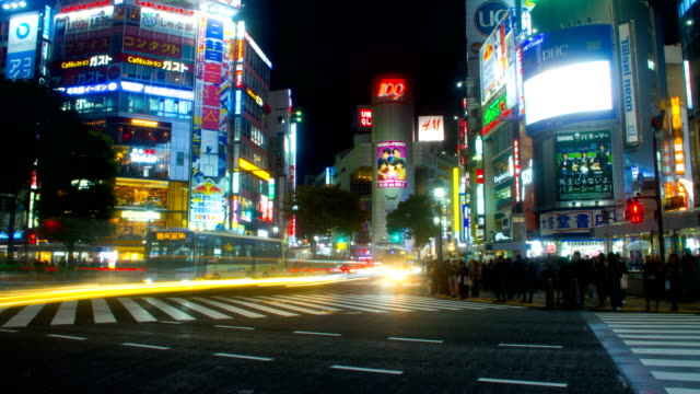 Lapso-de-la-noche-4K-en-el-obturador-lento-del-cruce-de-Shibuya