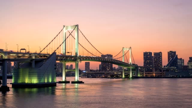 Tokyo-sunset-city-skyline-day-to-night-timelapse-at-Rainbow-Bridge,-Odaiba,-Tokyo,-Japan-4K-Time-lapse