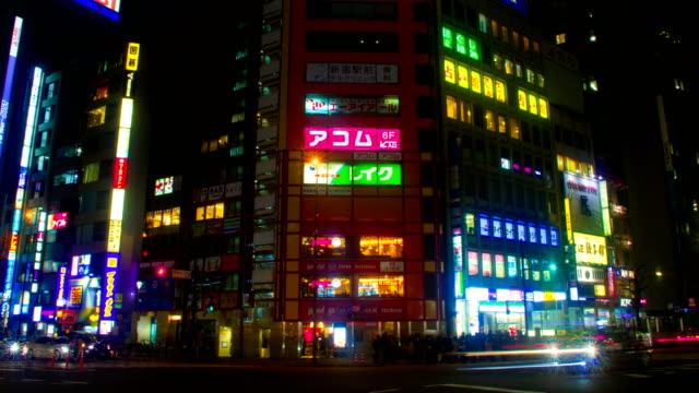 Nacht-Zeitraffer-mit-japanischen-Neons-in-Shinjuku-Südseite-breite-Tilt-schossen