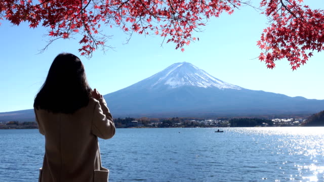 Junge-Frauen-nehmen-Foto-Berg-Fuji-im-Herbst