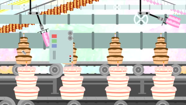 Many-Birthday-Cakes-in-a-Factory-Conveyor-in-Cartoon-Style