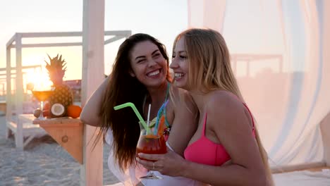 Beach-party-on-Exotic-resort,-company-woman-in-Tropics,-Summer-season,-Swimsuit-on-female-slim-body