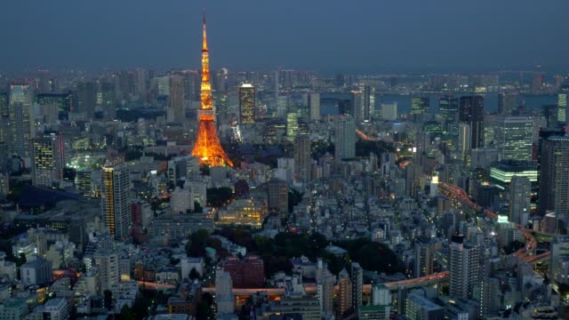 Aerial-night-view-of-Tokyo-cityscape-with-Tokyo-Tower