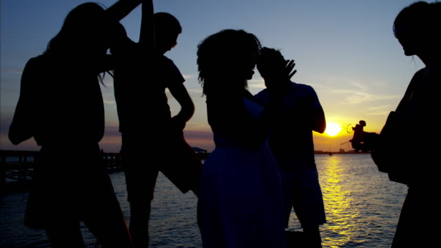 Silhouette-of-people-dancing-playing-guitar-on-beach