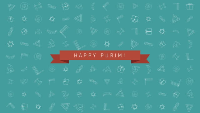 Fondo-de-animación-Purim-fiesta-diseño-plano-con-símbolos-de-esquema-tradicional-icono-y-texto-en-inglés