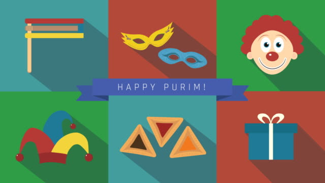 Purim-Ferienwohnung-design-Animation-Icon-Set-mit-traditionellen-Symbolen-und-Text-in-englischer-Sprache