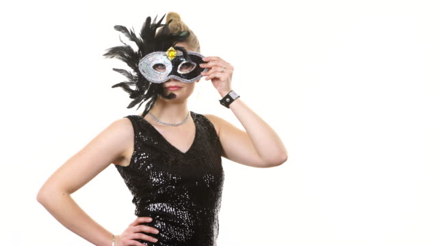 Woman-in-evening-dress-carnival-mask-on-white