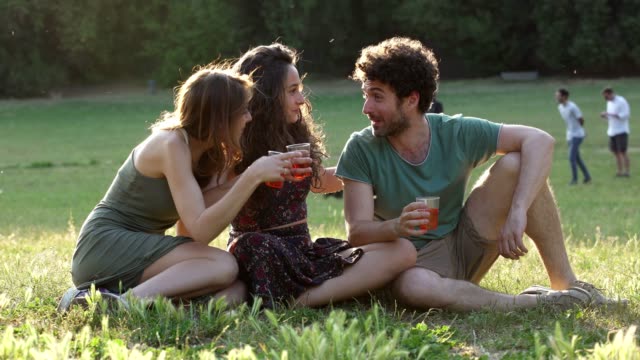 Gruppe-von-lächelnden-jungen-Freunden-toast-sitzen-auf-dem-Rasen-im-park