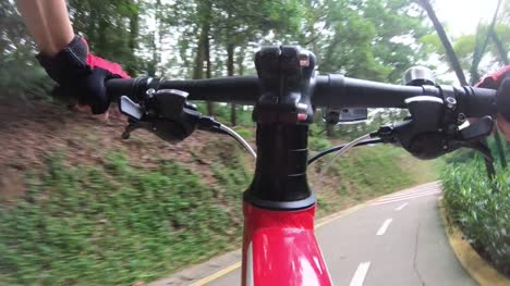 Mit-Fahrrad-fahren-auf-dem-Fahrradweg-im-Park,-Blick-vom-Ego-Perspektive-POV---Sicht-vorne-durch-Action-Kamera