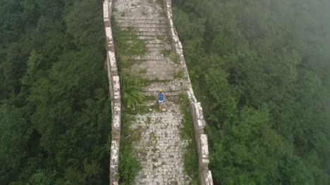 Luftaufnahme-von-Frau-Wanderer-Wandern-auf-der-chinesischen-Mauer