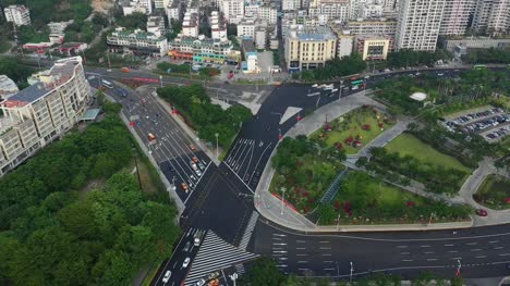 Abend-Zeit-Hainan-Insel-Dadunhai-Stadt-Verkehr-Straßen-Luftbild-Panorama-4k-china