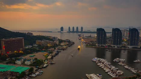 Sonnenuntergangszeit-Sanya-Fluss-Verkehr-berühmten-aerial-Panorama-Zeitraffer-4k-china