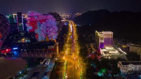 Nacht-Sanya-Verkehr-Straße-berühmten-aerial-Panorama-Zeitraffer-4k-Hotelporzellan