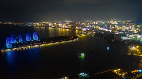 Nacht-Beleuchtung-Sanya-Insel-Verkehr-aerial-Panorama-Zeitraffer-4k-china